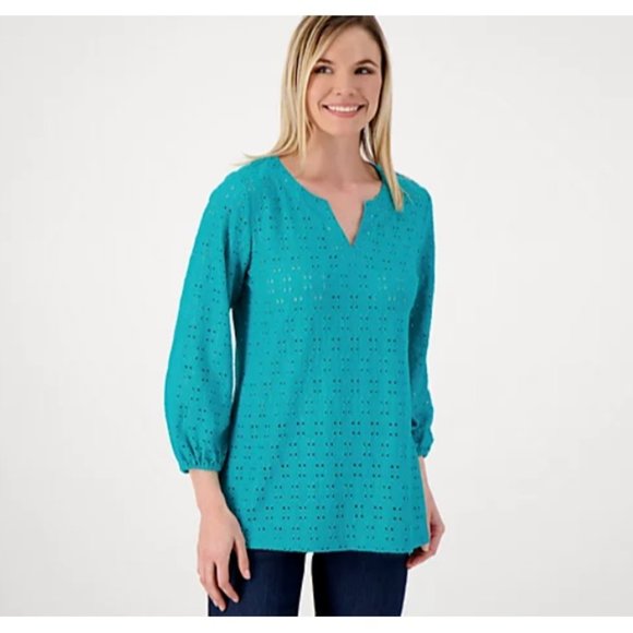 Susan Graver Tops - Susan Graver Top ~ Passport Knit Eyelet 3/4 Sleeve Aqua Teal 5X A600386 NEW